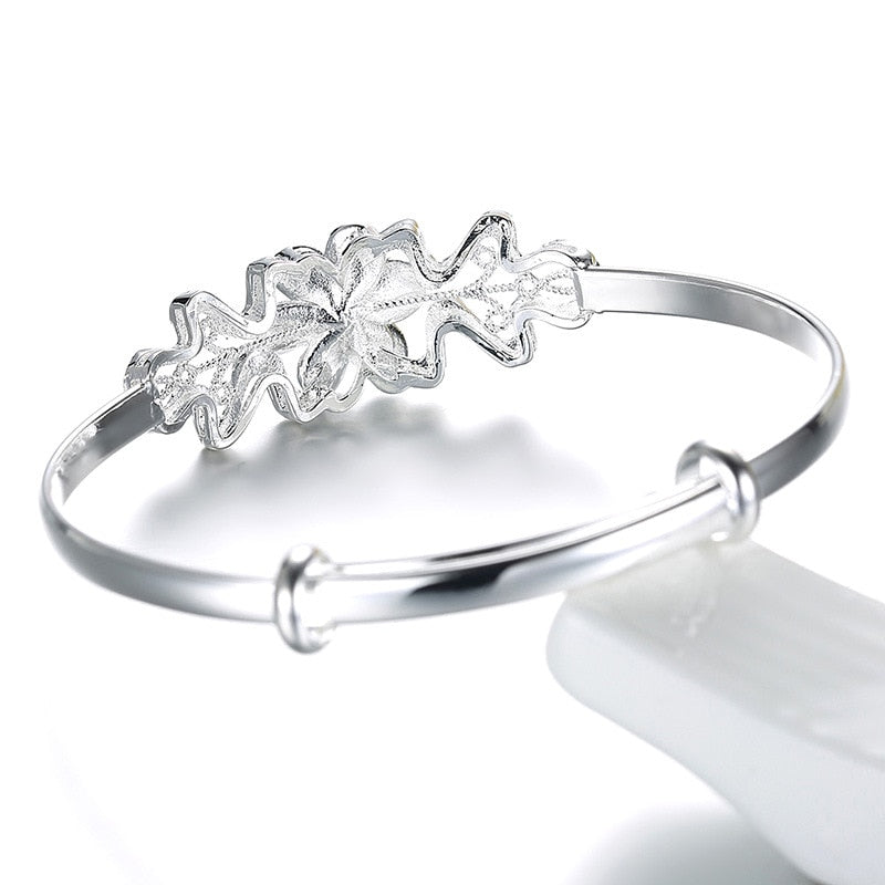 925 Stamp Silver Color Woman Cuff Bracelet Adjustable Flower Lucky Bangle Retro Bridesmaid Jewelry Charm Gifts Christmas