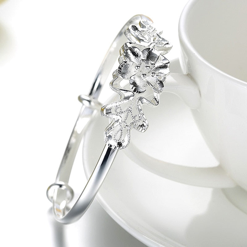 925 Stamp Silver Color Woman Cuff Bracelet Adjustable Flower Lucky Bangle Retro Bridesmaid Jewelry Charm Gifts Christmas