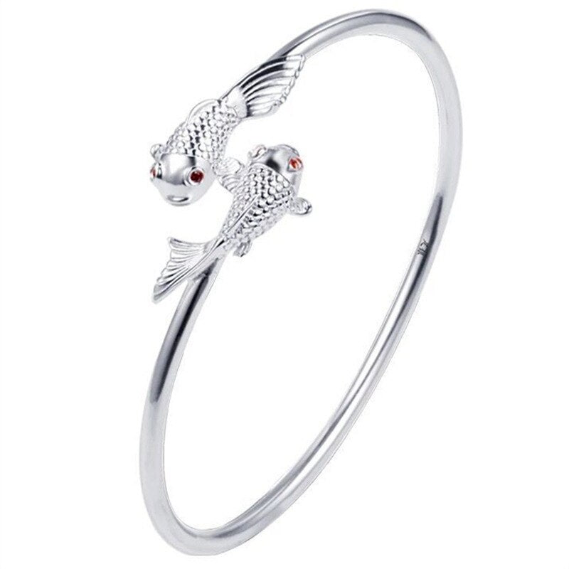 925 Stamp Silver Color Woman Cuff Bracelet Double Fish Adjustable Lucky Charm Vintage Bangle Jewelry Christmas Gifts