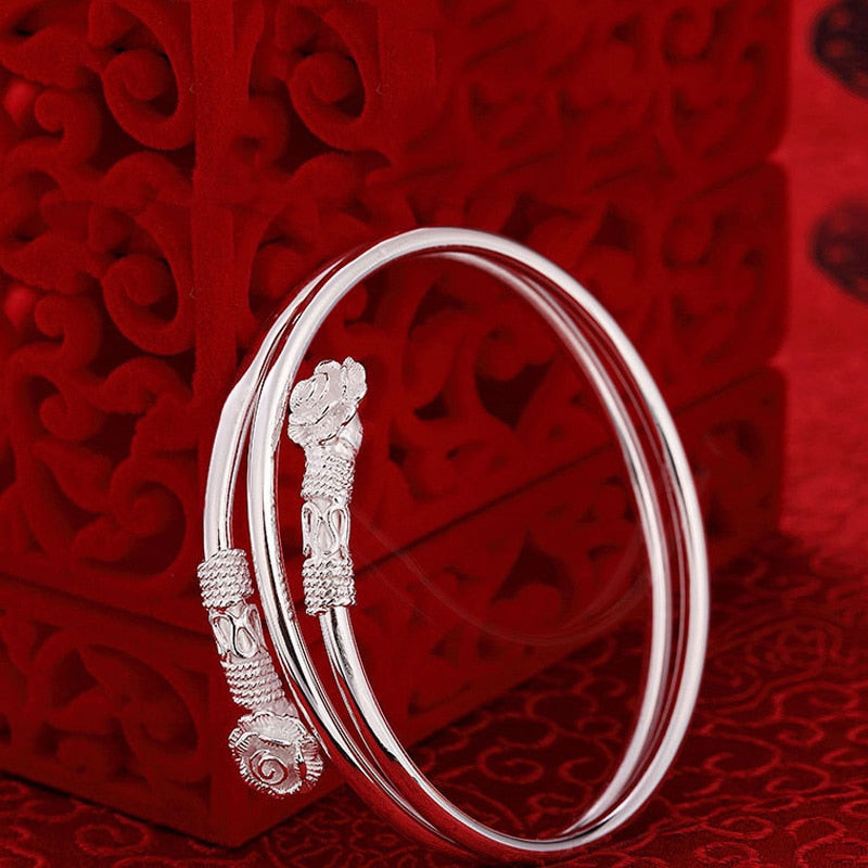 925 Stamp Silver Color Woman Cuff Bracelet Double headed floral Adjustable Lucky Bangle Girls Jewelry Christmas Gifts