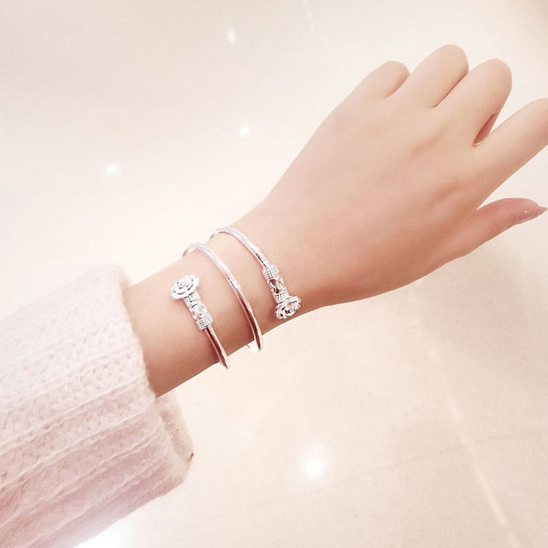 925 Stamp Silver Color Woman Cuff Bracelet Double headed floral Adjustable Lucky Bangle Girls Jewelry Christmas Gifts