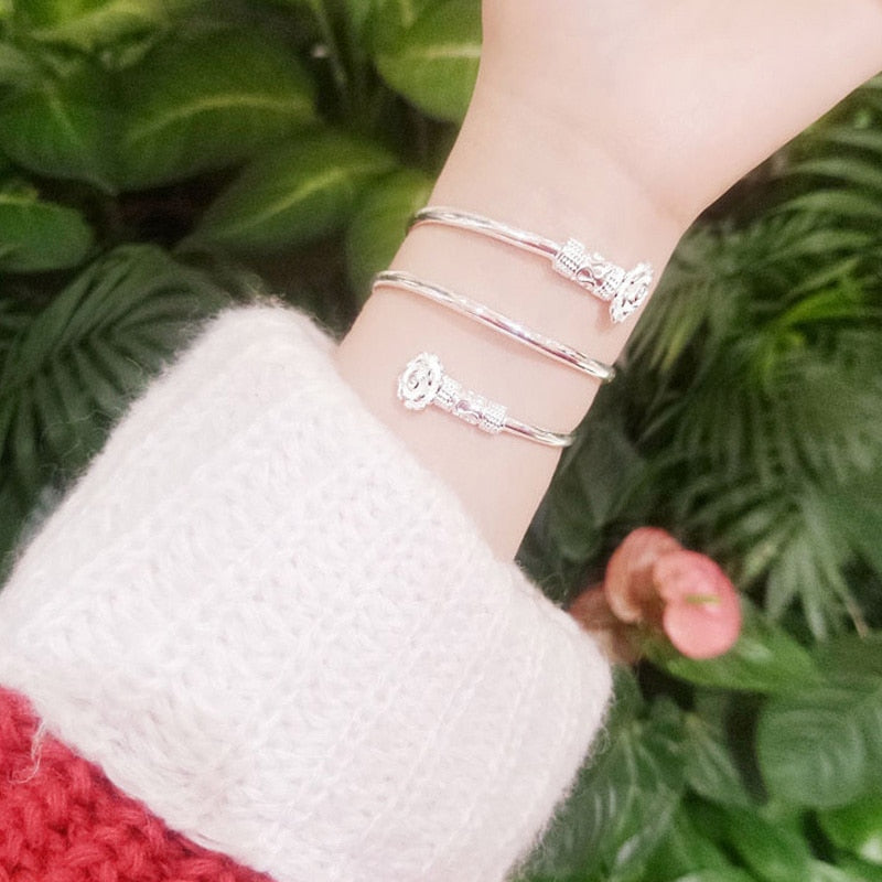 925 Stamp Silver Color Woman Cuff Bracelet Double headed floral Adjustable Lucky Bangle Girls Jewelry Christmas Gifts