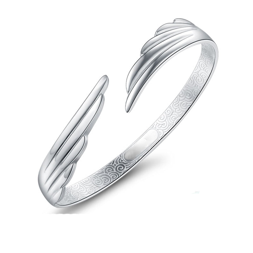 925 Stamp Silver Color Woman Cuff Bracelet Lucky Angel Wing Lucky Bangle Girls Party Jewelry Gifts Christmas