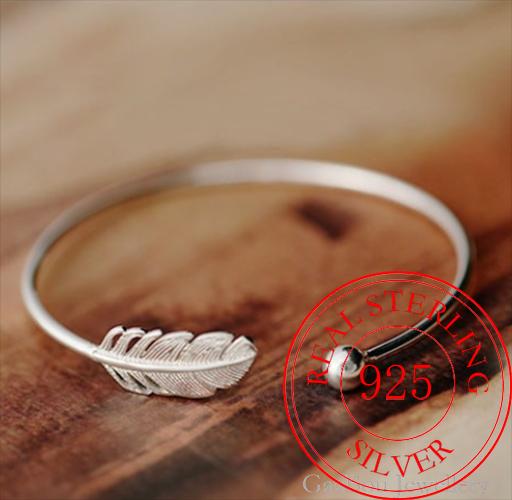 925 Stamp Silver Color  Woman Cuff Bracelet Open Angel Feather Adjustable Lucky Bangle Party Jewelry Christmas Gifts