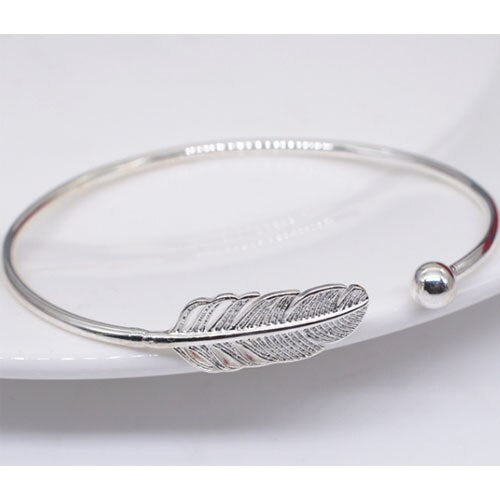 925 Stamp Silver Color  Woman Cuff Bracelet Open Angel Feather Adjustable Lucky Bangle Party Jewelry Christmas Gifts