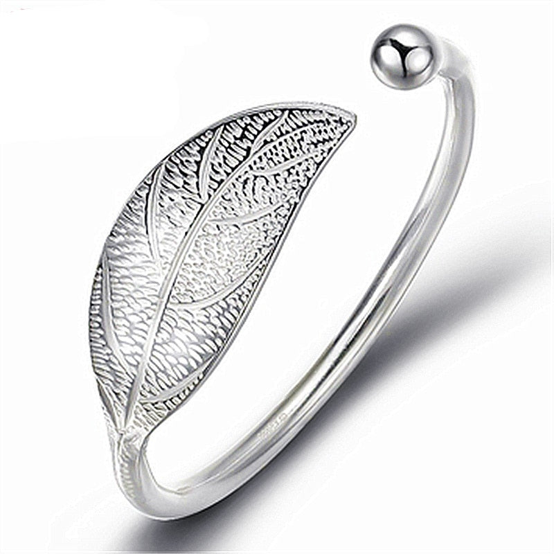 925 Stamp Silver Color Woman Cuff Bracelet Open Leaf Shaped Adjustable Charm Bangle Girls Party Jewelry Christmas Gifts