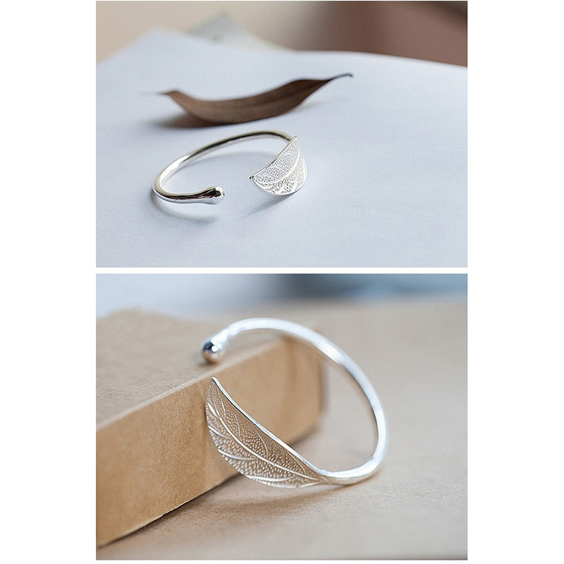 925 Stamp Silver Color Woman Cuff Bracelet Open Leaf Shaped Adjustable Charm Bangle Girls Party Jewelry Christmas Gifts