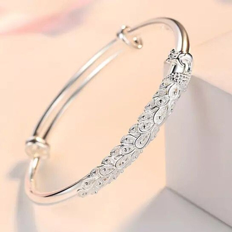 925 Stamp Silver Color Woman Lucky Animal Cuff Bracelet Peafowl Bangle Girls Party Jewelry Gifts Christmas