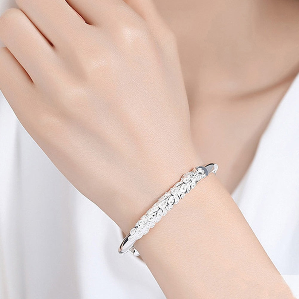 925 Stamp Silver Color Woman Lucky Animal Cuff Bracelet Peafowl Bangle Girls Party Jewelry Gifts Christmas