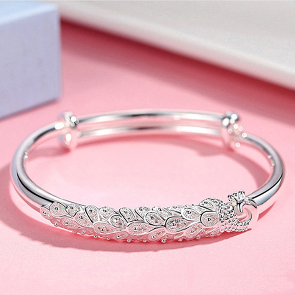 925 Stamp Silver Color Woman Lucky Animal Cuff Bracelet Peafowl Bangle Girls Party Jewelry Gifts Christmas