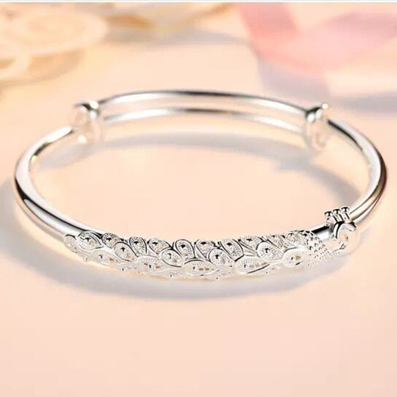 925 Stamp Silver Color Woman Lucky Animal Cuff Bracelet Peafowl Bangle Girls Party Jewelry Gifts Christmas