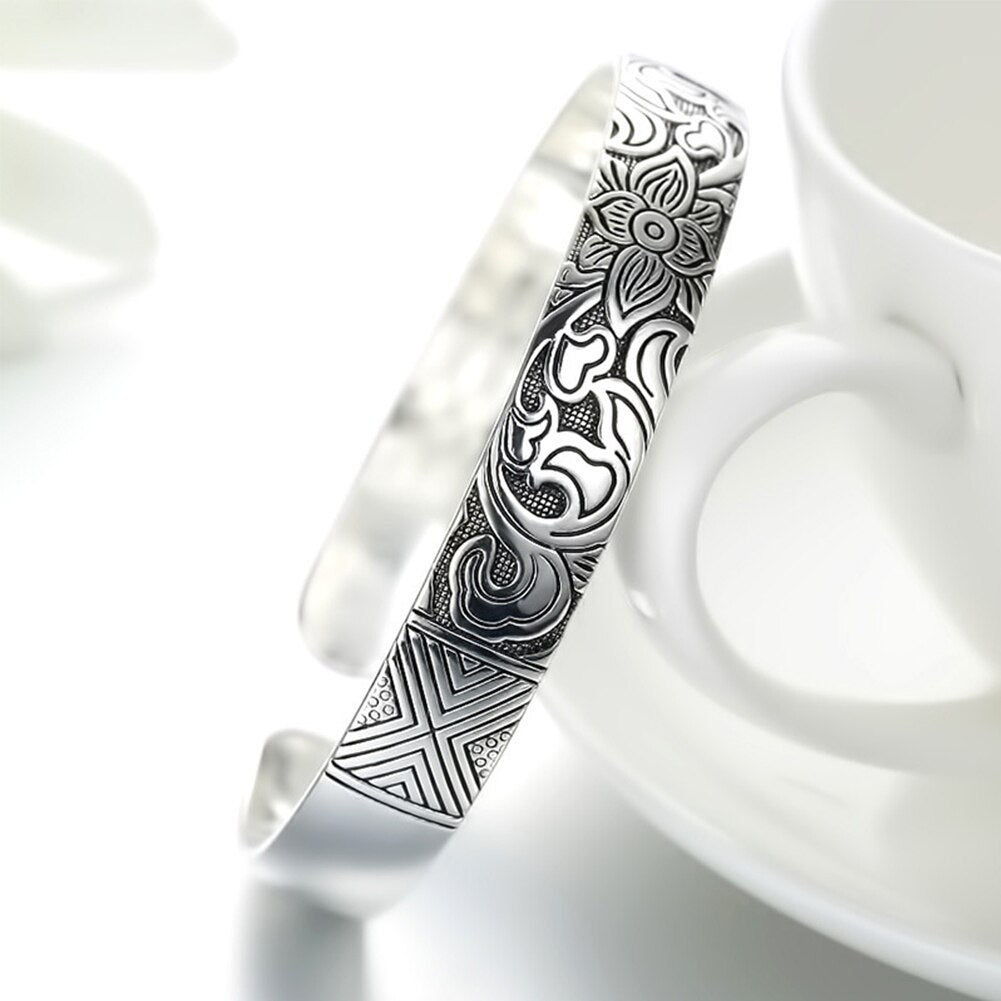 925 Stamp Silver Color Woman Lucky Cuff Bracelet Lotus Flower Bangle Girls Party Jewelry Gifts Christmas