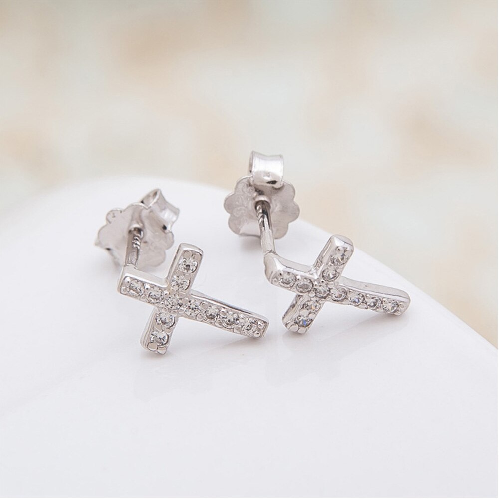 925 Stamp Silver Color Zircon Small Earrings Crosses Korean Ear Piercing Stud Earrings Fine Women's Accessories Jewelry