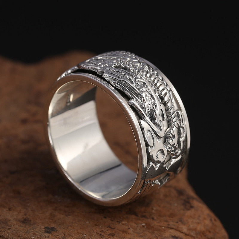Fashion 925 Sterling Silver 12mm Width Rotatable Lucky Chinese Dragon Ring Men Thai Silver Fine Jewelry Gift Finger Ring