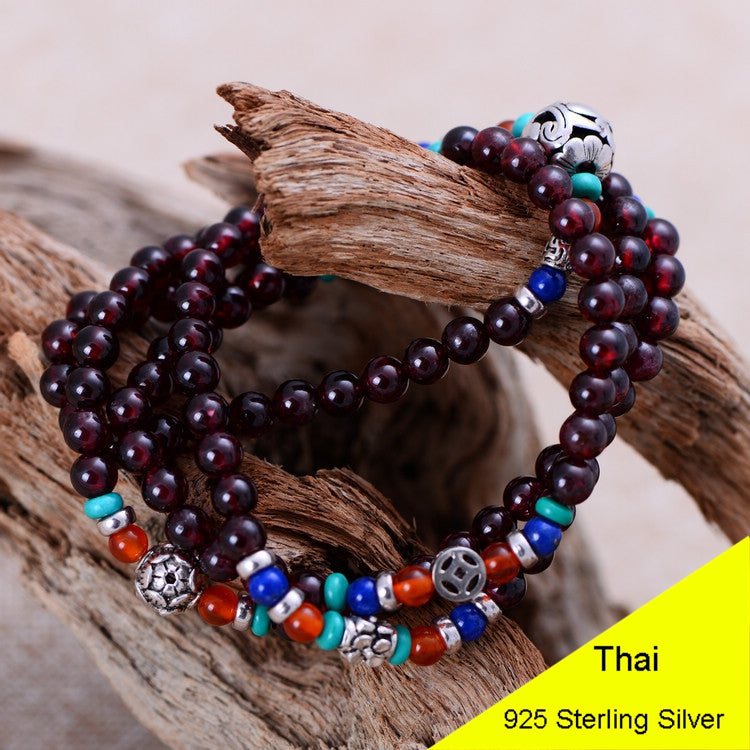 Fashion 925 Sterling Silver 5mm Red Garnet Bracelet Women Gift Thai Silver Jewelry Several String Long Bracelet CH041954