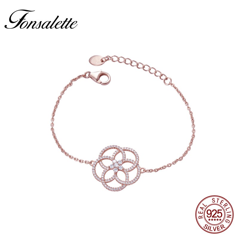 Fashion 925 Sterling Silver Camellia Flower Bracelets Rose Gold Bangle Cuff Bracelet Women Jewelry Gift zk40