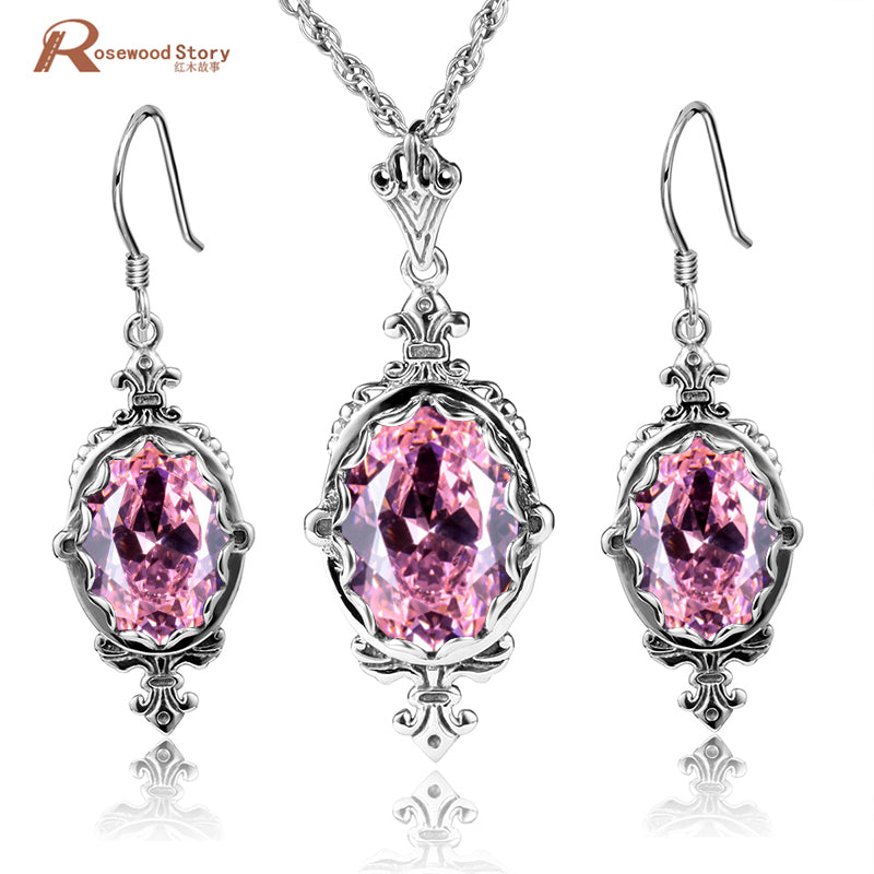 Fashion 925 Sterling Silver Jewelry Sets For Women Pink CZ Stone Crystal Ro Wedding Pendant/Earrings Victorian Vintage Style