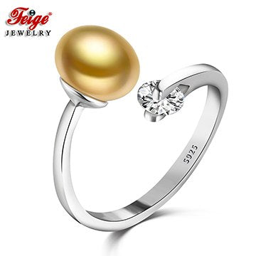 Fashion 925 Sterling Silver Pearl Ring for Female Party Jewelry Gifts 8-9MM Golden Pearl Rings Fine Jewelry FEIGE