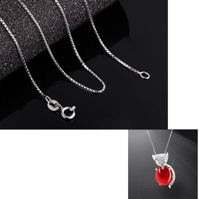 Fashion 925 Sterling Silver Red Natural Stone Fox Pendant Necklaces for Women Genuine Silver Jewelry Gift Exquisite packaging