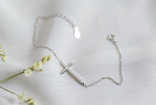 Fashion 925 Sterling Silver Sideways Faith Christian Cross Charm Bracelet Jewelry Free pouch