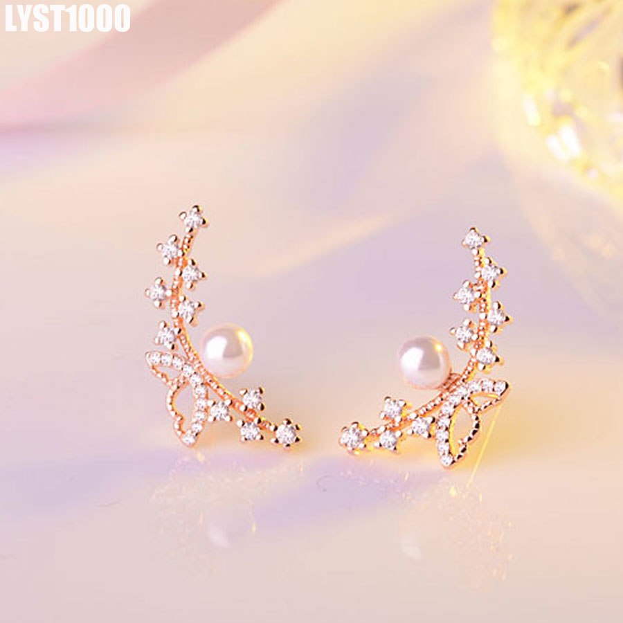 Fashion 925 Sterling Silver Stud Earrings For Women Butterfly Pearl zircon Earring Korean Temperament Rose Gold