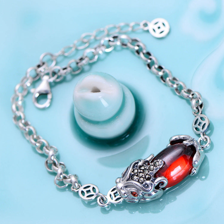 Fashion 925 Sterling Silver Vintage Handmade Red Garnet Lucky Brave Bracelet Women Thai Silver Lover Gift Jewelry CH057681