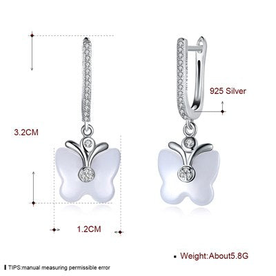 Fashion 925 Sterling Silver White ceramics Butterfly Drop Earrings for women Fine Jewelry party Gifts