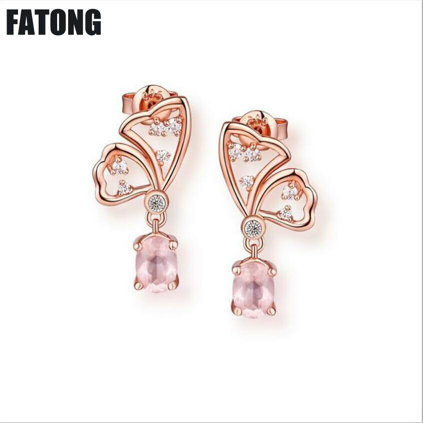 Fashion 925 sterling silver pure silver earrings Amethyst rose quartz Butterfly earrings identification certificate. J059