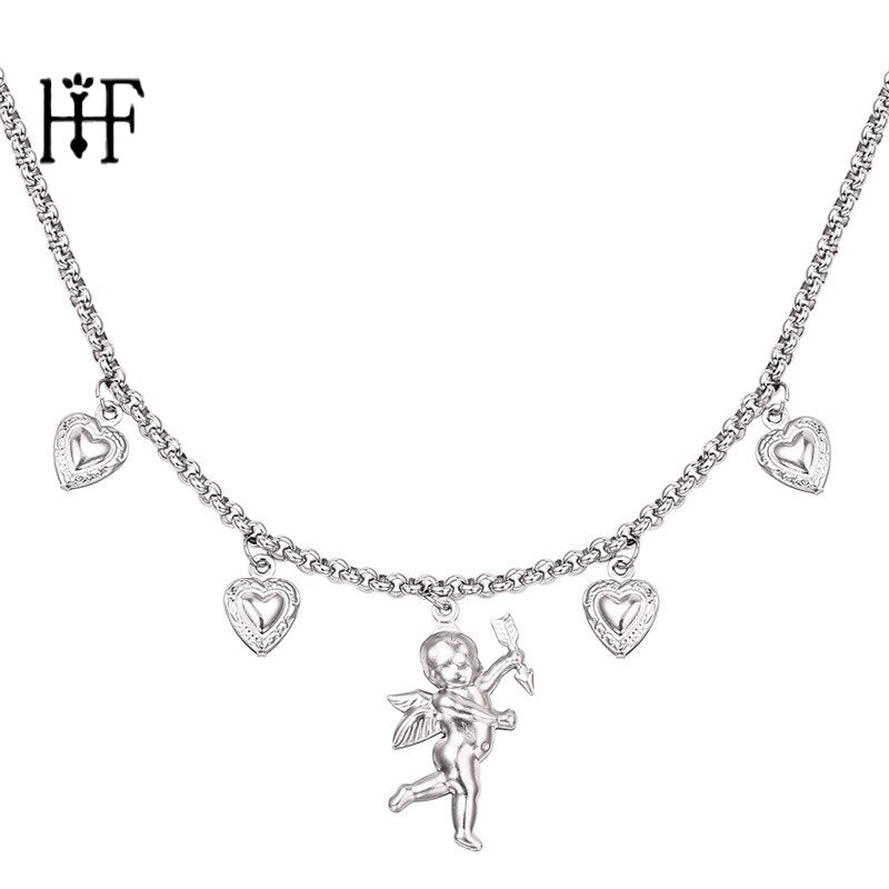 Accesorios Mujer Titanium Steel Love Angel Wing Necklace Love Heart Bell Clavicle Chain Necklace Lock Boho bijoux