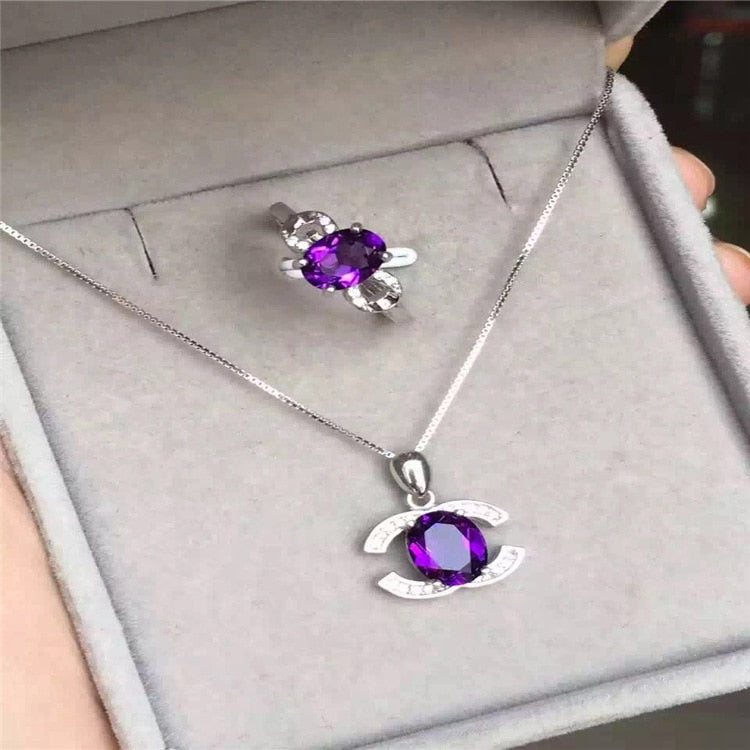 Fashion Amethyst jewelry set 925 silver inlaid natural Urugu Amethyst Necklace Ring Set