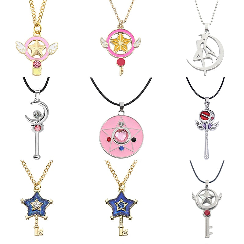 Anime Pentagram Moon Necklace Cartoon Crystal Angel Wings Key Pendant Choker Student Cosplay Daily Jewelry