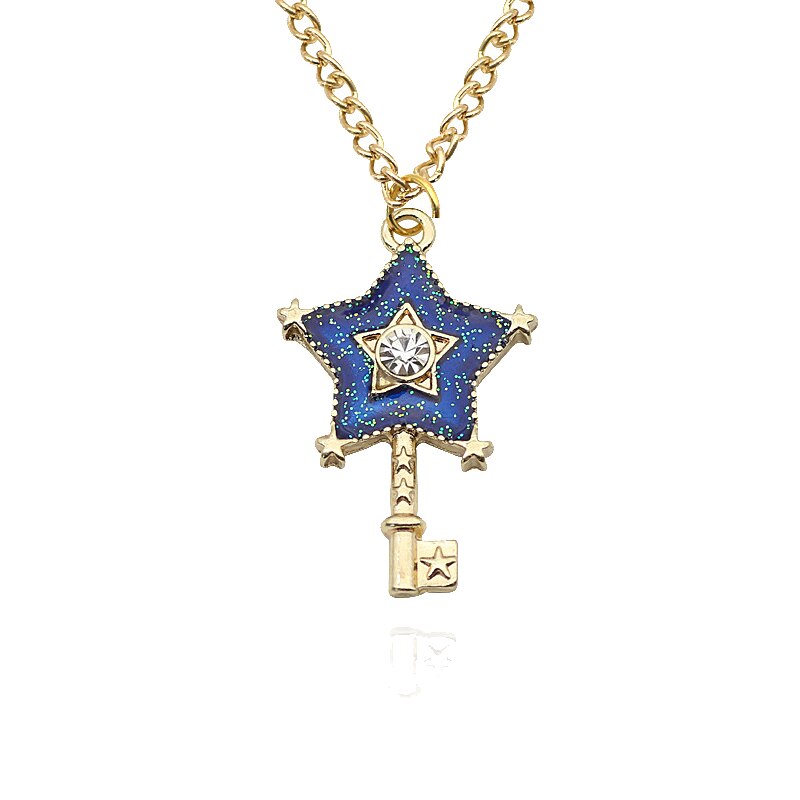 Anime Pentagram Moon Necklace Cartoon Crystal Angel Wings Key Pendant Choker Student Cosplay Daily Jewelry