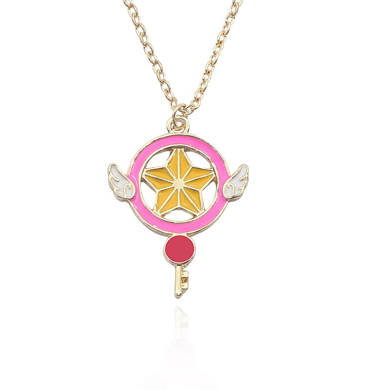 Anime Pentagram Moon Necklace Cartoon Crystal Angel Wings Key Pendant Choker Student Cosplay Daily Jewelry