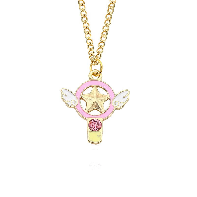 Anime Pentagram Moon Necklace Cartoon Crystal Angel Wings Key Pendant Choker Student Cosplay Daily Jewelry