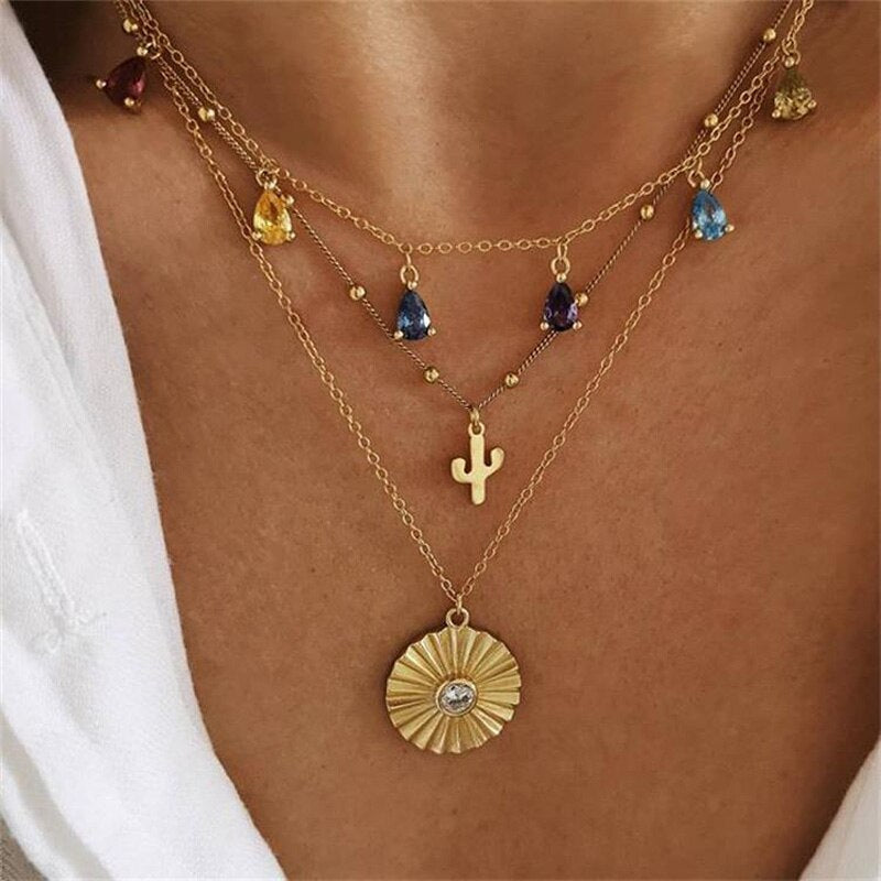 Beaded Necklaces for Women Multilayer Charm Bohemia Gold Necklace Crystal Cross Jesus Pendant Necklace Female Jewelry