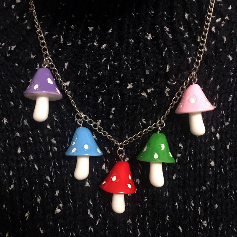 Beads Chain Cartoon Resin Mushroom Pendant Necklace for Women Men Colorful Cute Necklaces Jewelry Valentine's Day Gift