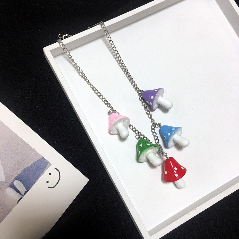 Beads Chain Cartoon Resin Mushroom Pendant Necklace for Women Men Colorful Cute Necklaces Jewelry Valentine's Day Gift