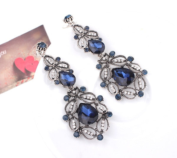 Fashion Big long Blue crystal drop earrings for women vintage flower silver Color bride Earrings wedding Jewelry accessories