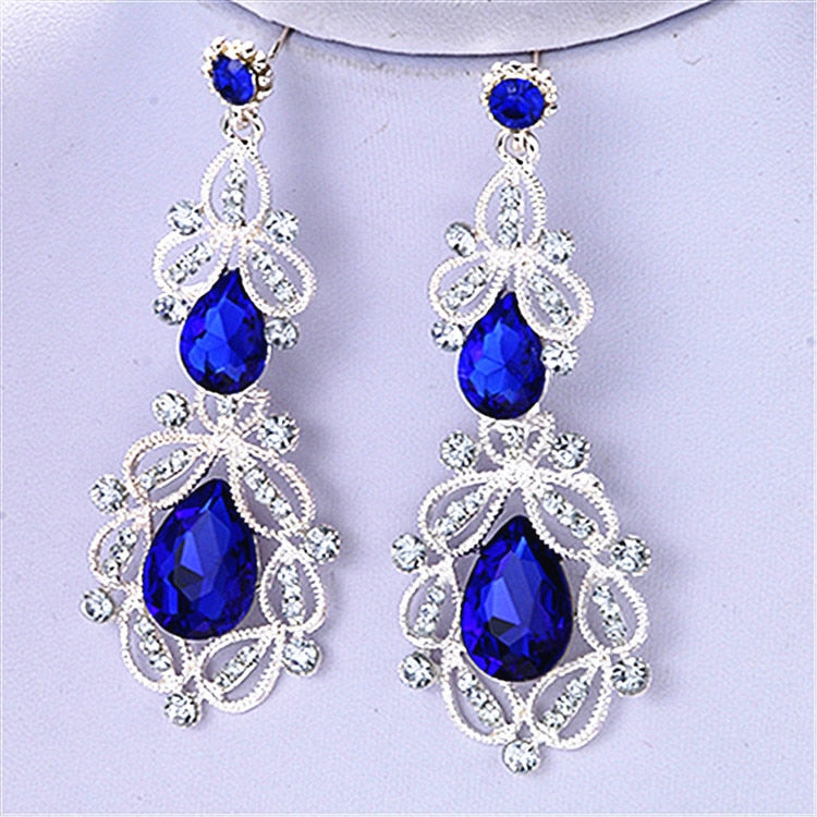 Fashion Big long Blue crystal drop earrings for women vintage flower silver Color bride Earrings wedding Jewelry accessories