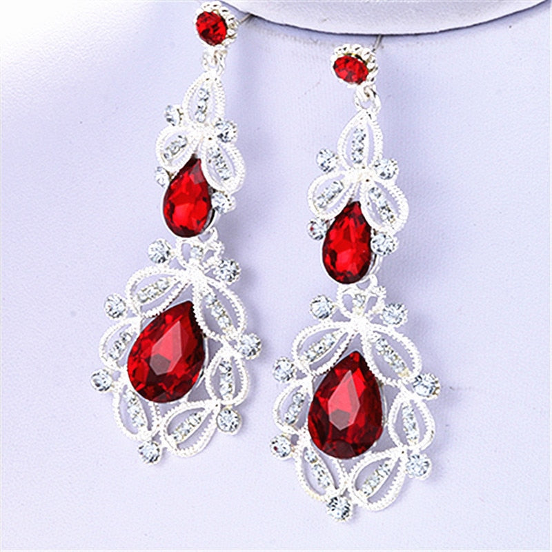 Fashion Big long Blue crystal drop earrings for women vintage flower silver Color bride Earrings wedding Jewelry accessories