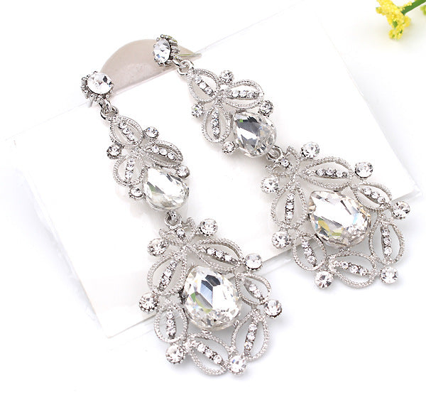 Fashion Big long Blue crystal drop earrings for women vintage flower silver Color bride Earrings wedding Jewelry accessories