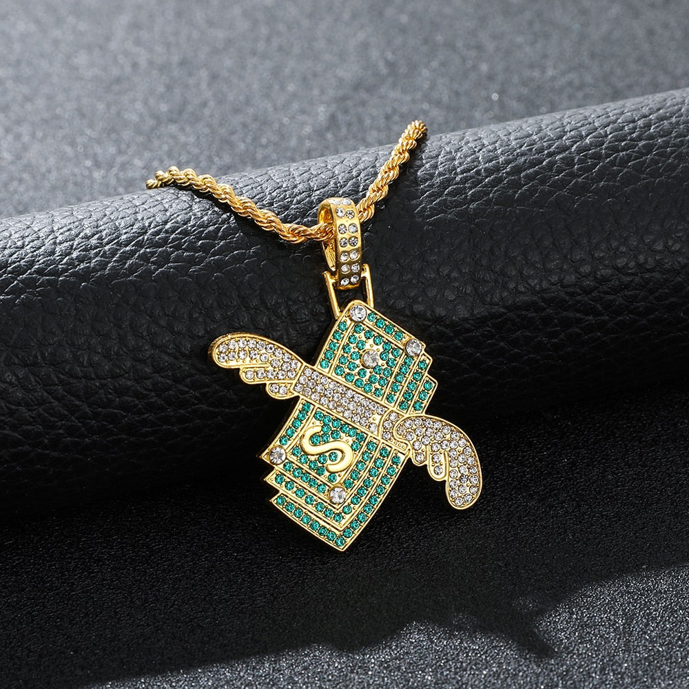 Bill Wings Money Pendant Necklace Cubic Zirconia Hip-hop Rapper Necklace For Man Women Cool Street Style Jewelry Gifts