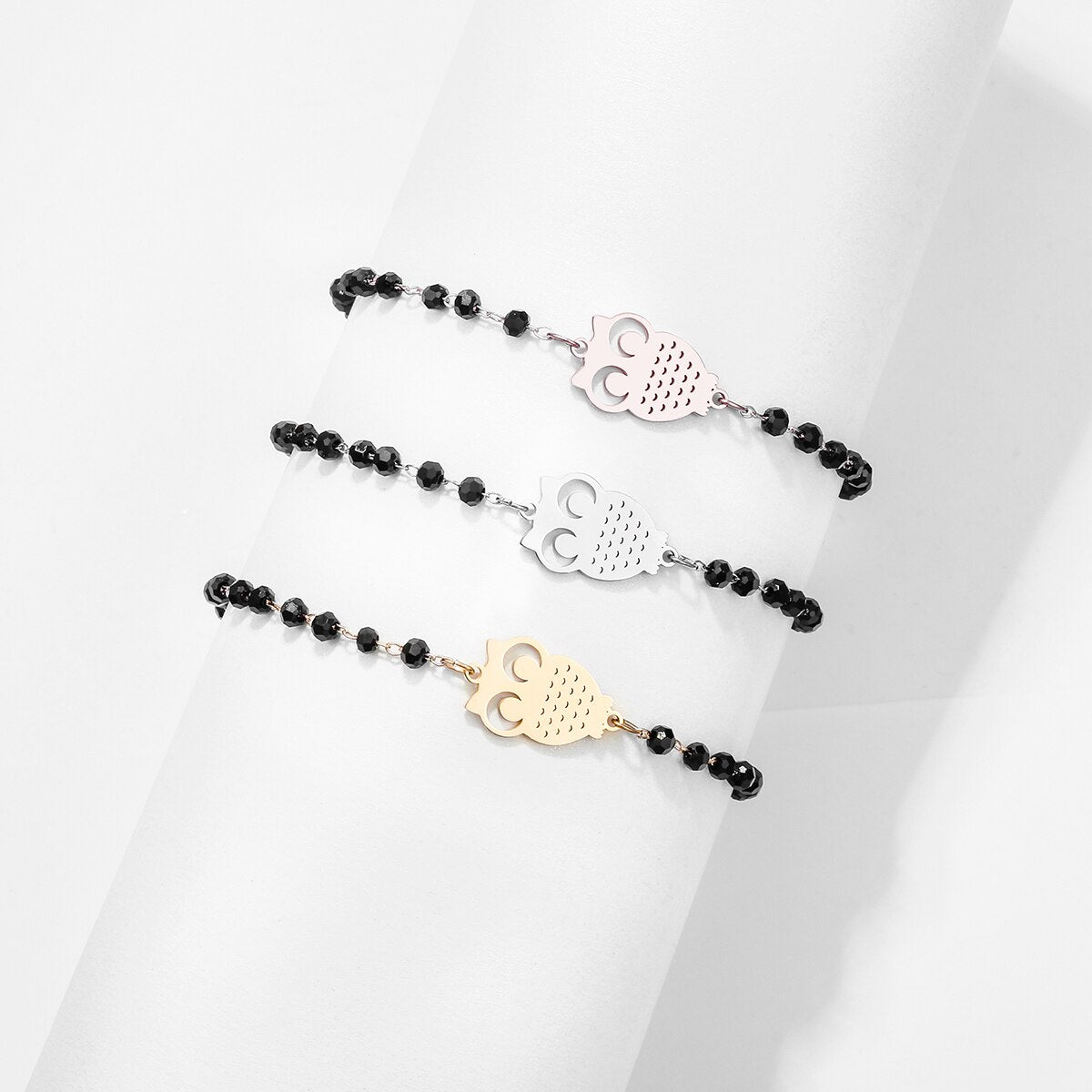 Black Crystal Chain Owl Charm Bracelets Silvery/Rose Gold Stainless Steel Bracelet For Women Gift Jewelry  2022