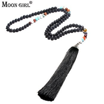 Fashion Black Lava Stone Long Necklace with Big Pendant Vintage Ethnic Yoga Tassel Necklace Bohemian Jewelry for Women