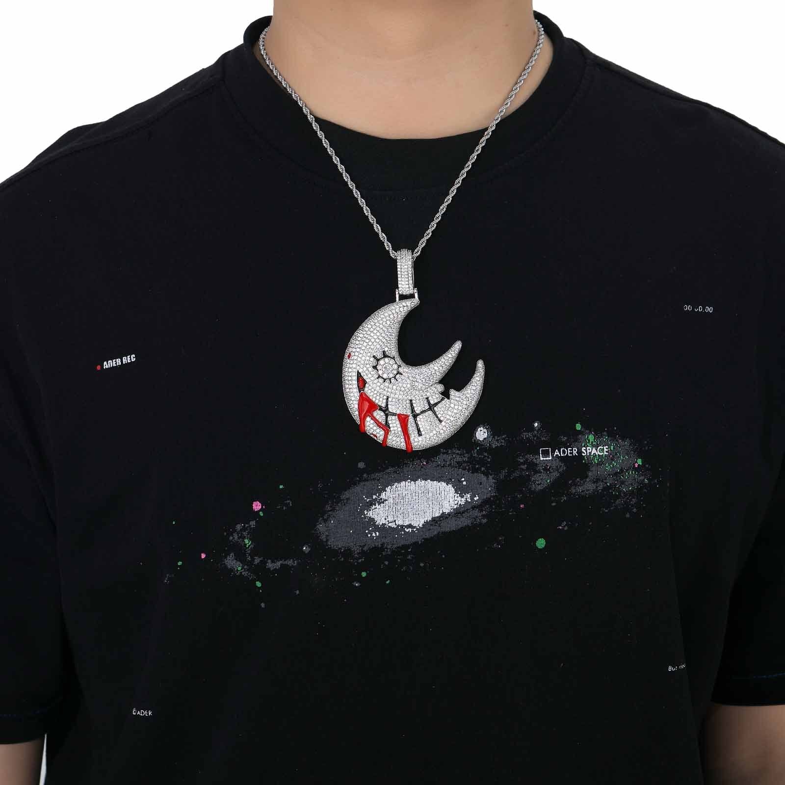 Blood Moon Charm Pendant Necklace Cubic Zircon Hip Hop Necklace For Men Big 14 Jewelry