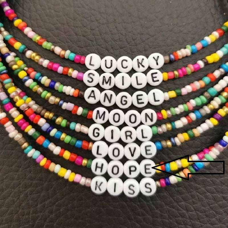 Bohemia Handmade Diy Rice Bead Necklace Letter Lucky Love Angel Choker Clavicular Chain Colorful Female Beach Jewelry