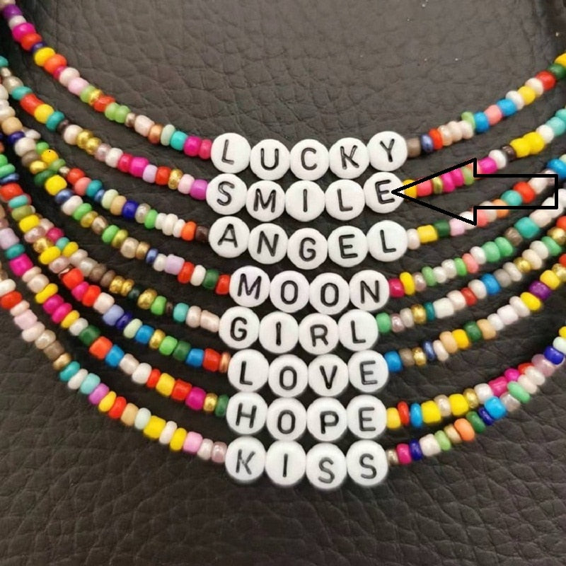 Bohemia Handmade Diy Rice Bead Necklace Letter Lucky Love Angel Choker Clavicular Chain Colorful Female Beach Jewelry