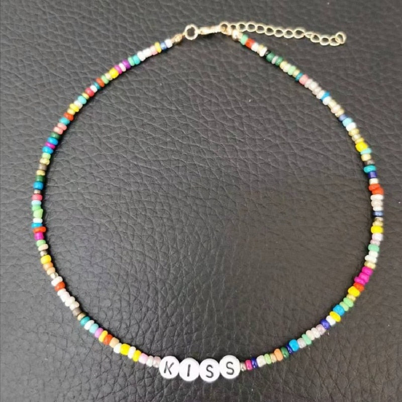 Bohemia Handmade Diy Rice Bead Necklace Letter Lucky Love Angel Choker Clavicular Chain Colorful Female Beach Jewelry