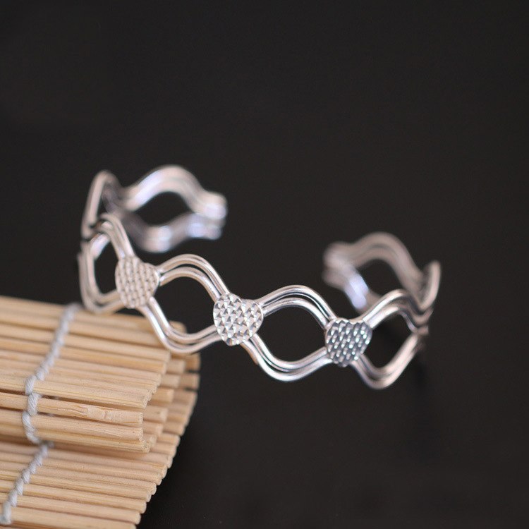 Fashion Bohemia Wave 925 Sterling Silver Curve Adjustable Bangle