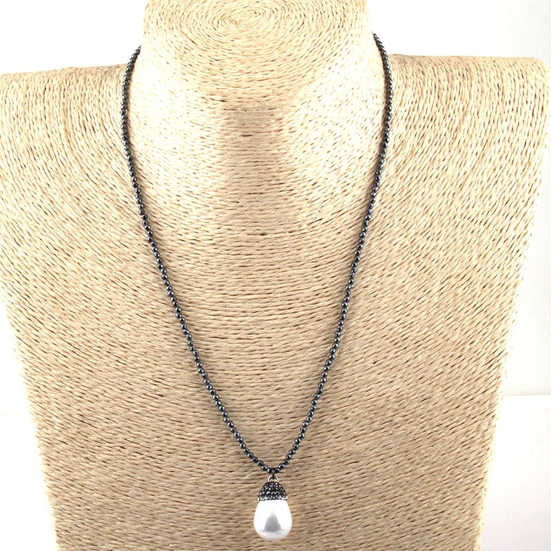 Fashion Bohemian Jewelry Hematite Stone and Pearl Charm Necklace For Women Ethnic Necklace